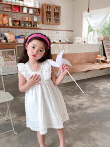 小女童網眼刺繡蕾絲拼接荷葉邊洋裝