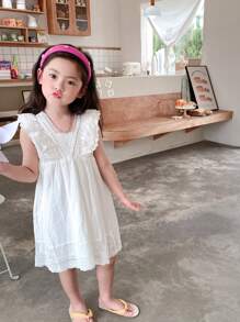 小女童網眼刺繡蕾絲拼接荷葉邊洋裝
