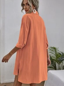 Chiquease Solid High Low Split Hem Shirt & Shorts - Coral Orange - View 2