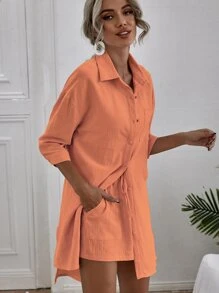 Chiquease Solid High Low Split Hem Shirt & Shorts - Coral Orange - View 3