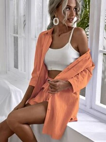 Chiquease Solid High Low Split Hem Shirt & Shorts - Coral Orange - View 4