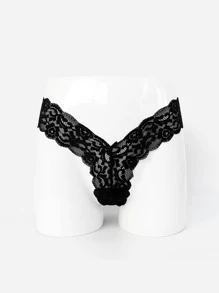 Scalloped Trim Floral Lace Thong - Black - View 3