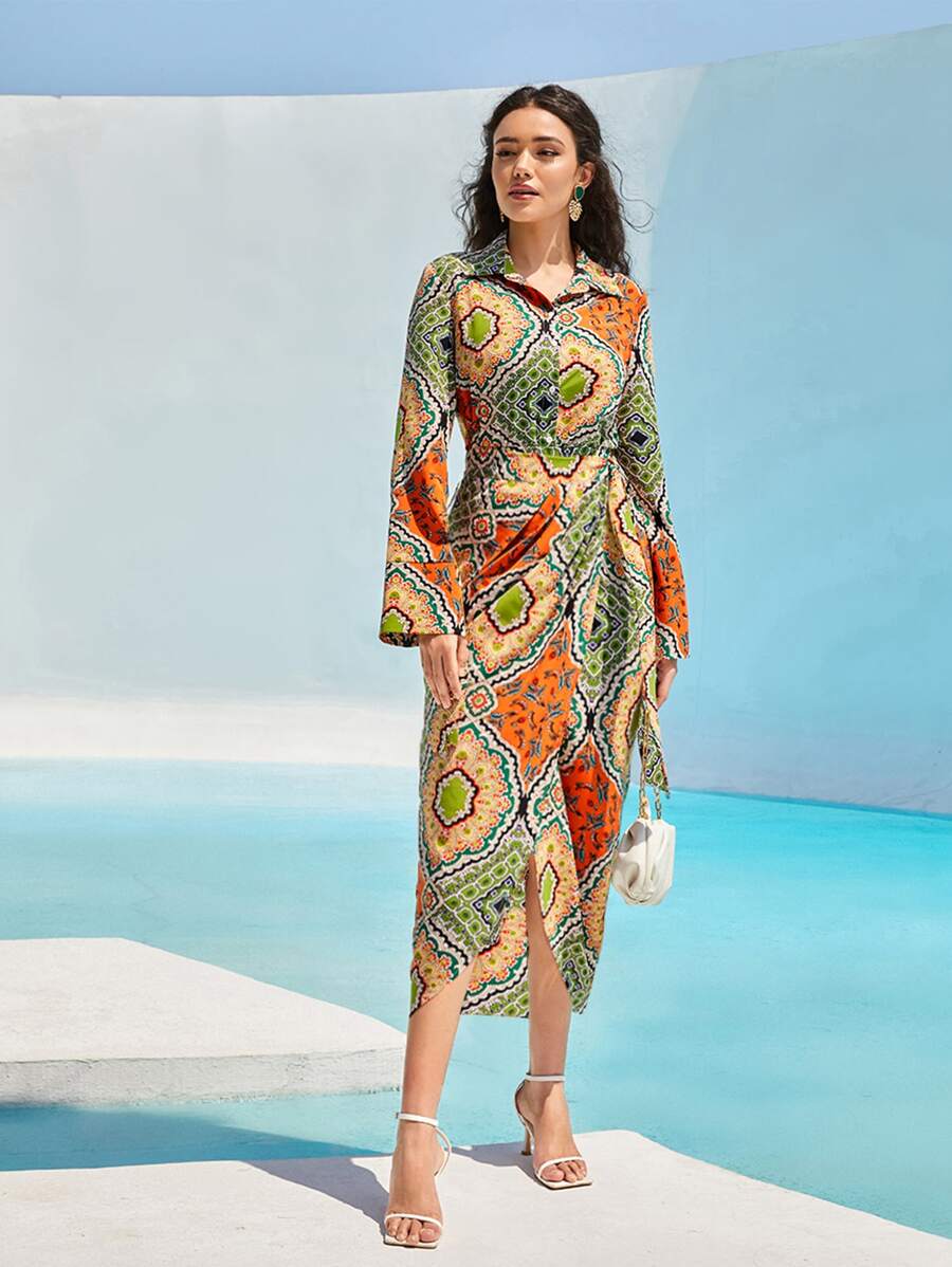 Mulvari Scarf Print Blouse & Tie Side Wrap Skirt - Multicolor - View 1