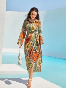 Mulvari Scarf Print Blouse & Tie Side Wrap Skirt - Multicolor - View 4