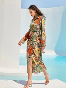 Mulvari Scarf Print Blouse & Tie Side Wrap Skirt - Multicolor - View 5