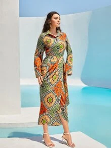 Mulvari Scarf Print Blouse & Tie Side Wrap Skirt - Multicolor - View 6