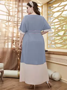 Al Najma Plus Top-stitching Batwing Sleeve Split Hem Belted Dress - Dusty Blue - View 2