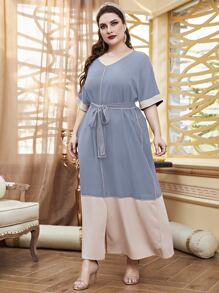 Al Najma Plus Top-stitching Batwing Sleeve Split Hem Belted Dress - Dusty Blue - View 3
