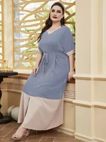 Al Najma Plus Top-stitching Batwing Sleeve Split Hem Belted Dress - Dusty Blue - View 4