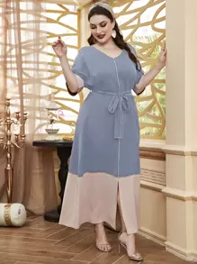 Al Najma Plus Top-stitching Batwing Sleeve Split Hem Belted Dress - Dusty Blue - View 5