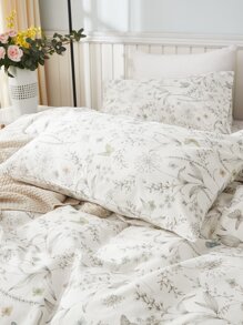 三件套花卉乡村风被套组，白色超柔软透气被套（1个带拉链被套，2个枕套，不含被芯），男女皆宜的礼物