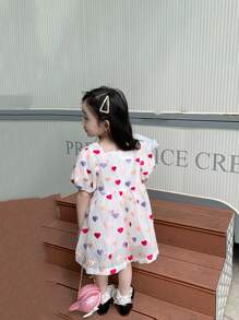 Summer Young Girls Heart Square Neck Princess Dress Foreign Style Bubble Puff Sleeve Little Girl Dress