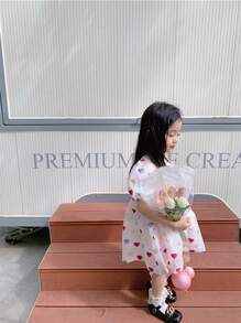 Summer Young Girls Heart Square Neck Princess Dress Foreign Style Bubble Puff Sleeve Little Girl Dress