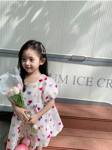 Summer Young Girls Heart Square Neck Princess Dress Foreign Style Bubble Puff Sleeve Little Girl Dress