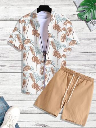 Guys Random Tropical Print Shirt & Drawstring Shorts Without Tee