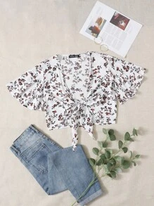 SHEIN PETITE Floral Print Knot Front Butterfly Sleeve Crop Top - Multicolor - View 1