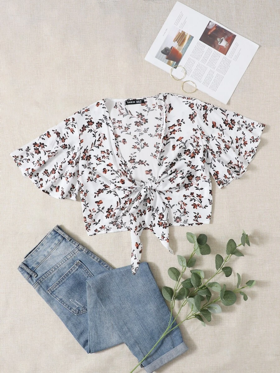 SHEIN PETITE Floral Print Knot Front Butterfly Sleeve Crop Top - Multicolor - View 1