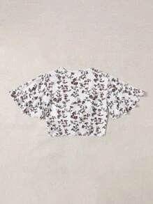 SHEIN PETITE Floral Print Knot Front Butterfly Sleeve Crop Top - Multicolor - View 2