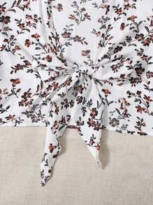 SHEIN PETITE Floral Print Knot Front Butterfly Sleeve Crop Top - Multicolor - View 3