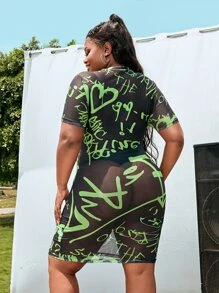 Plus Heart & Letter Graphic Sheer Mesh Bodycon Dress Without Belt - Black - View 2