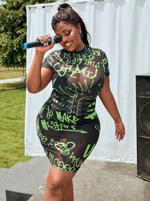 Plus Heart & Letter Graphic Sheer Mesh Bodycon Dress Without Belt - Black - View 5