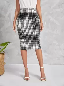 EMERY ROSE Falda con estampado de pata de gallo con abertura trasera - Blanco y Negro - Ver 1