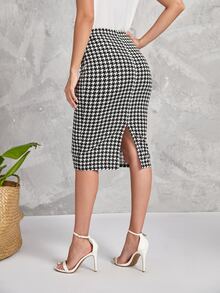 EMERY ROSE Falda con estampado de pata de gallo con abertura trasera - Blanco y Negro - Ver 2