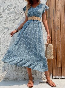 Ditsy Floral Print Butterfly Sleeve Ruffle Hem Dress Without Belt - Multicolor - View 3