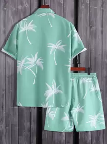 Genlund Men Random Palm Tree Print Shirt & Drawstring Waist Shorts Without Tee, Vacation - Mint Green - View 2