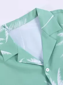 Genlund Men Random Palm Tree Print Shirt & Drawstring Waist Shorts Without Tee, Vacation - Mint Green - View 5