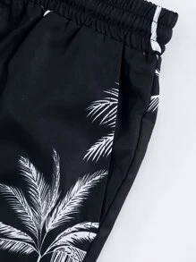 Manfinity RSRT Men Random Palm Tree Print Shirt & Drawstring Waist Shorts Without Tee, Vacation, Cozy Outfits - Black - View 3