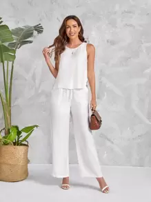 EMERY ROSE con abertura lateral Top tank & de cintura con cordón Pantalones de pierna ancha - Blanco - Ver 1