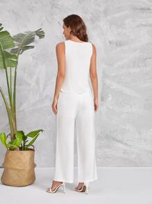 EMERY ROSE con abertura lateral Top tank & de cintura con cordón Pantalones de pierna ancha - Blanco - Ver 2