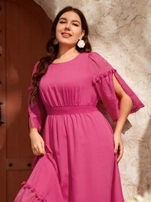 Mulvari 大碼拼接網眼刺繡開衩袖打攬木耳邊連衣裙 - 粉色 - 查看 3