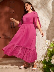 Mulvari 大碼拼接網眼刺繡開衩袖打攬木耳邊連衣裙 - 粉色 - 查看 4