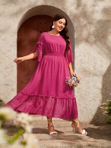 Mulvari 大碼拼接網眼刺繡開衩袖打攬木耳邊連衣裙 - 粉色 - 查看 5