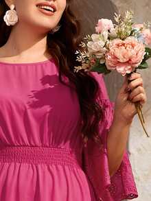 Mulvari 大碼拼接網眼刺繡開衩袖打攬木耳邊連衣裙 - 粉色 - 查看 6