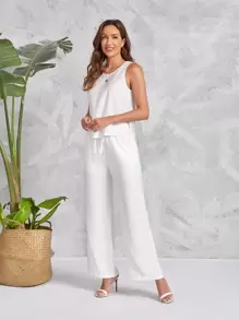 EMERY ROSE con abertura lateral Top tank & de cintura con cordón Pantalones de pierna ancha - Blanco - Ver 4