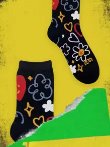 花朵印花中筒襪 - 黑色 - 查看 2