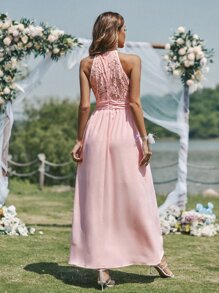 SHEIN Belle 蕾絲拼接抽褶腰伴娘連衣裙 - 淺粉色 - 查看 2