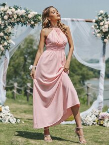 SHEIN Belle 蕾絲拼接抽褶腰伴娘連衣裙 - 淺粉色 - 查看 5