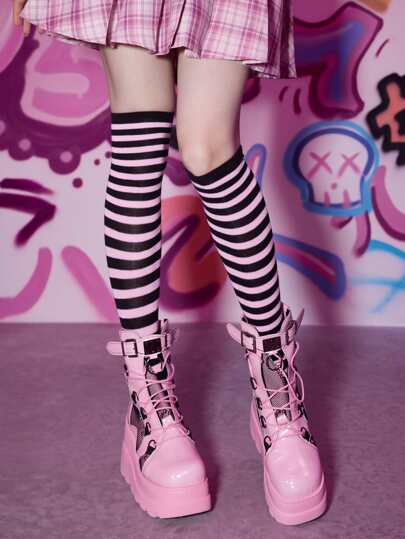 WHIMSY SOCKS ハーフジップニットポロ Lサイズ Our Anime Striped Print Over The Knee Socks is such a vibe