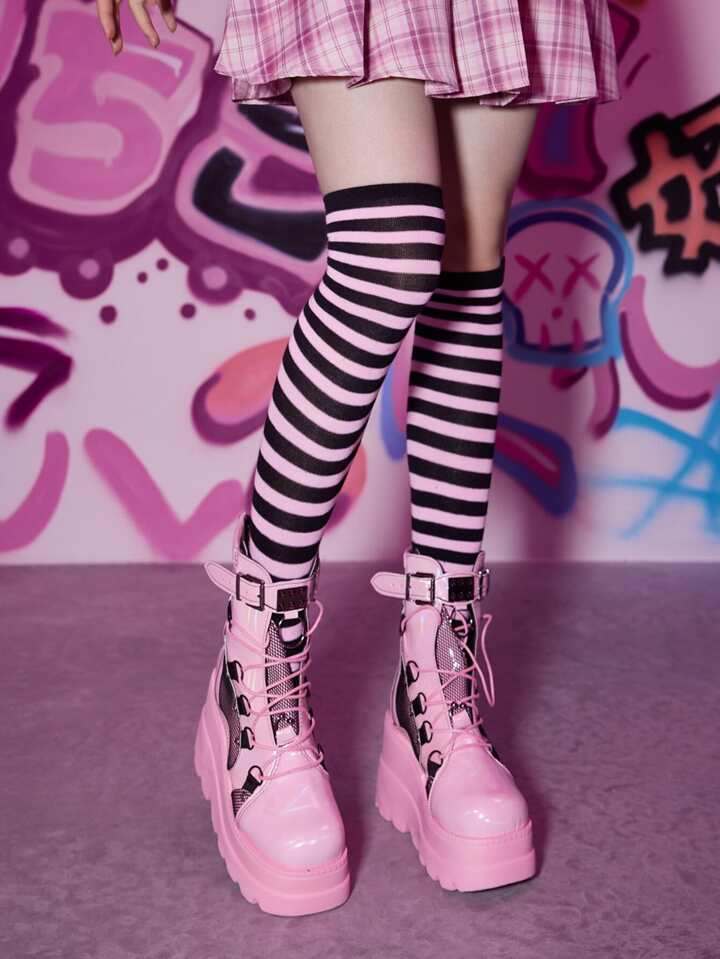 ☆LOVEMEMONSTER☆ Love Ribbon Over Knee SocksBK Garter Ribbon Lace Over Knee-High Socks – Belchic