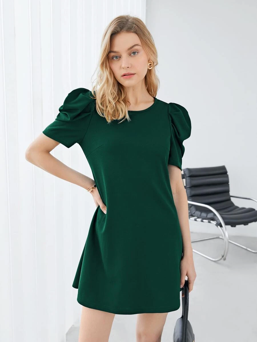SHEIN Privé Recycled Polyester Puff Sleeve Solid Dress - Green - View 1
