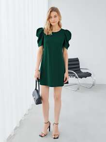 SHEIN Privé Recycled Polyester Puff Sleeve Solid Dress - Green - View 4