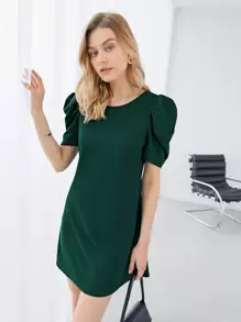 SHEIN Privé Recycled Polyester Puff Sleeve Solid Dress - Green - View 7