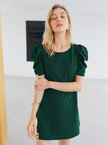 SHEIN Privé Recycled Polyester Puff Sleeve Solid Dress - Green - View 9