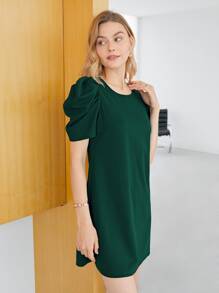 SHEIN Privé Recycled Polyester Puff Sleeve Solid Dress - Green - View 10