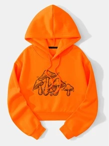 Mushroom Print Drawstring Thermal Hoodie