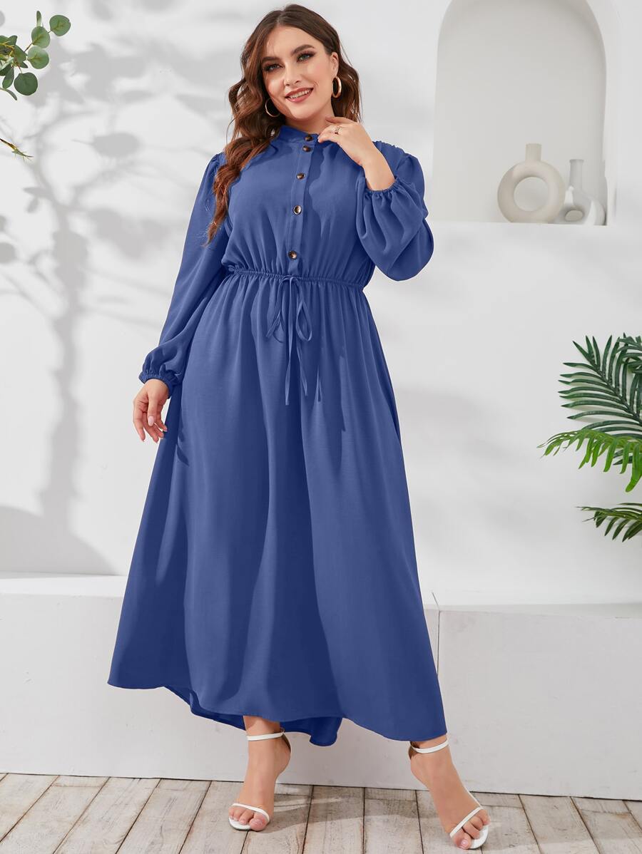 Mulvari Đầm Plus Size Thắt nút Nút phía trước màu trơn Giải trí - Màu xanh lam - Xem 1